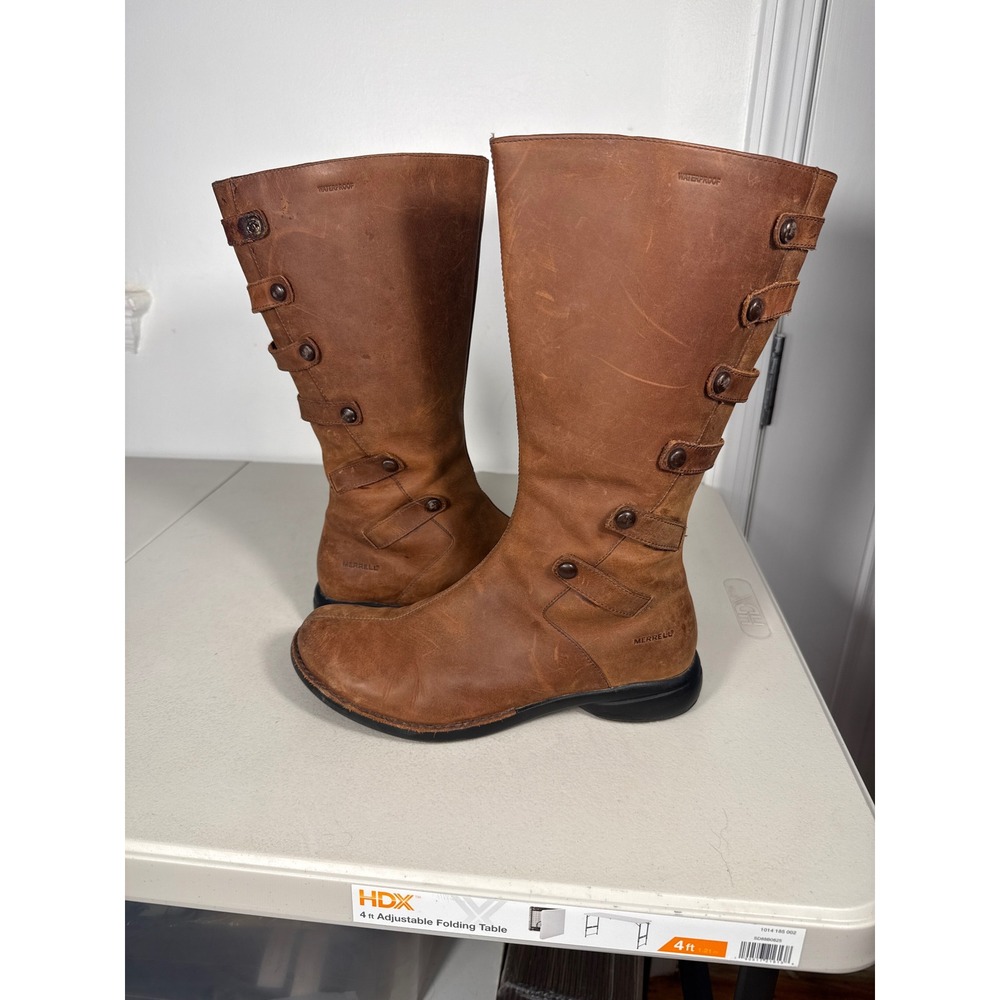 Merrell Womens Brown Leather Waterproof Tall Boots Button Strap Detail Zip Up 10